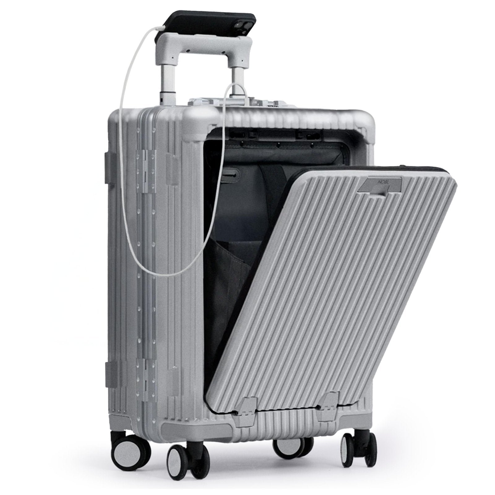 Nobl Travel Carry On Luggage, Noble Zipperless Aluminum Frame PC Hard Shell Suitcase, 22.5x15x9.5 Airline Approved, 360° Spinner Wheels, TSA Locks, USB Charging Port, Cup & Phone Holder - Silver