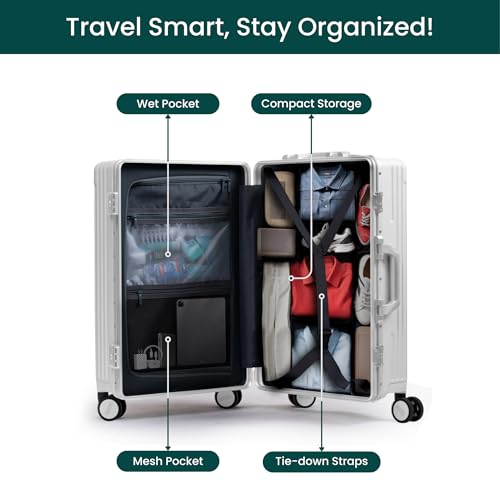 Nobl Travel Zipperless Check In Suitcase - Aluminum Frame, Check In luggage 30.2x20x12 Airline Approved by Noble Travel - Unbreakable Polycarbonate Shell - Dual TSA Locks, 360° Spinner Wheels - Ivory