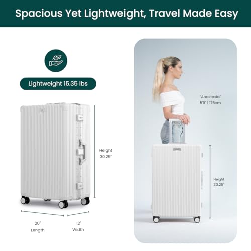 Nobl Travel Zipperless Check In Suitcase - Aluminum Frame, Check In luggage 30.2x20x12 Airline Approved by Noble Travel - Unbreakable Polycarbonate Shell - Dual TSA Locks, 360° Spinner Wheels - Ivory