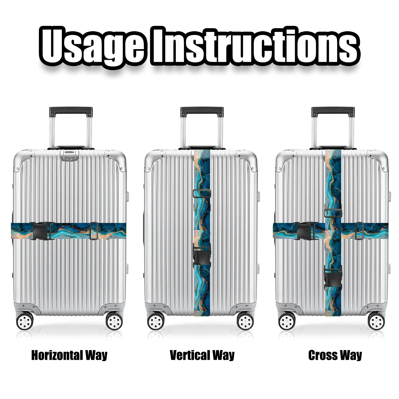 Nuxovilar Luggage Straps of 2 Set Blue & Gold Fluid Art Pattern, 1.96x90.5 inches - Luggage Straps for Suitcases, Nice for Art Lovers, Travel, Adventures