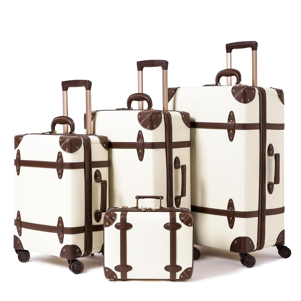 NZBZ Vintage Luggage Sets for Women, PU Leather Retro Suitcase, Vintage Trunk Luggage, Vintage Suitcase Set 4-Piece-Set (White, 14", 20", 24" &28")