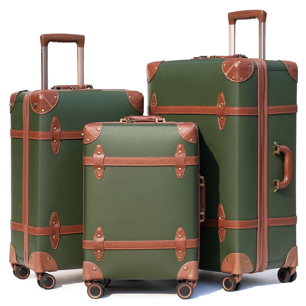 NZBZ Vintage Luggage Sets for Women, PU Leather Retro Suitcase, Vintage Trunk Luggage, Vintage Suitcase Set (Dark Green, 20inch & 24inch & 28inch)