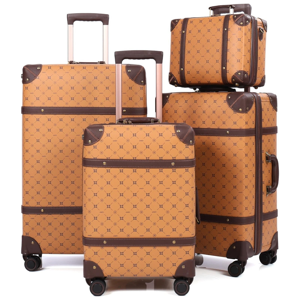 NZBZ Vintage Luggage Sets for Women, PU Leather Retro Suitcase, Vintage Trunk Luggage, Vintage Suitcase Set (Orange Brown, 4-Piece-Set(14/20/24/28))