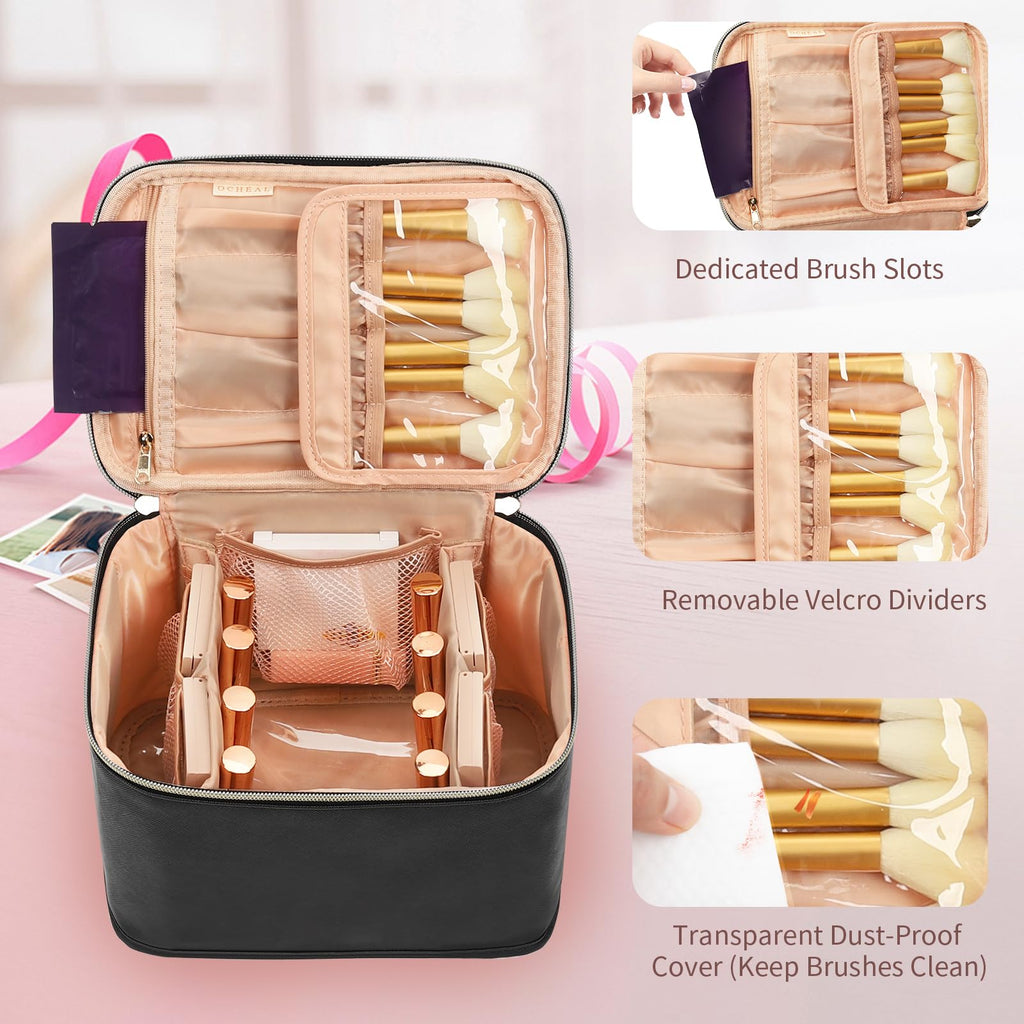 OCHEAL Travel Makeup Bag, Cosmetic Bags for Women Makeup Case Organizer Large Capacity Travel Toiletry Bag Storage Bags with Divider and Handle for Cosmetics Toiletries Brushes Tools - Large, Black