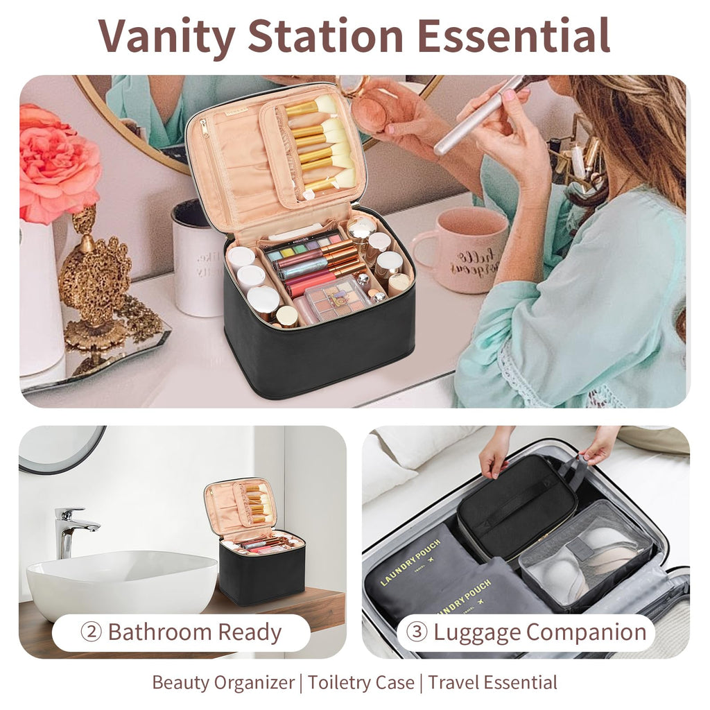 OCHEAL Travel Makeup Bag, Cosmetic Bags for Women Makeup Case Organizer Large Capacity Travel Toiletry Bag Storage Bags with Divider and Handle for Cosmetics Toiletries Brushes Tools - Large, Black