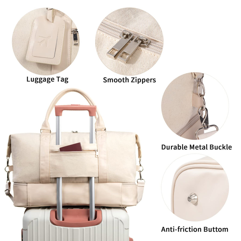 Oeihuivt Weekender Bags for Women - 21 Inch Large Travel Duffel Bag 2 - Piece Set with Shoe Compartment, Heavy - Duty Canvas & Leather Carry On Overnight Tote (Airplane Approved)