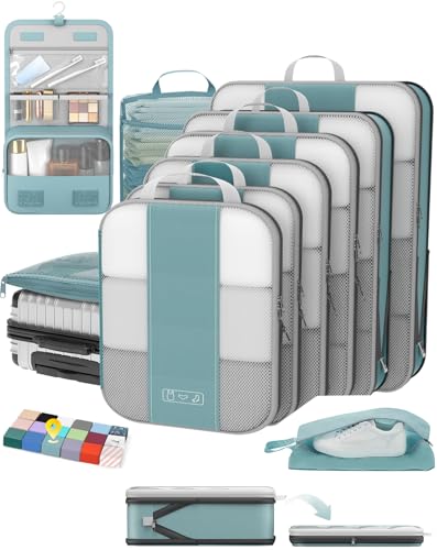 OlarHike 10-Pack Compression Packing Cubes for Travel Essentials,Compressible Expandable Packing Cubes for Suitcase,Luggage Garment Bags for Travel,Handy Helper for Organizing Clothes(Blue Gray)