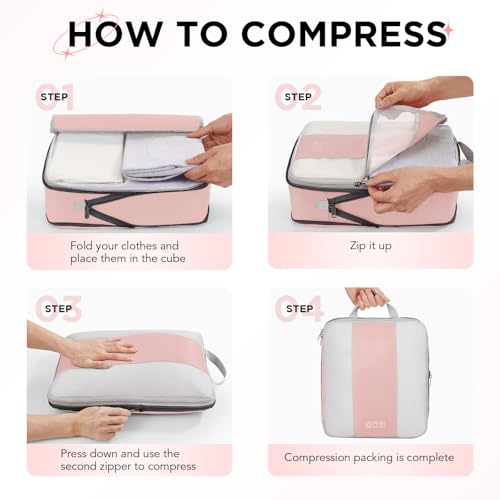 OlarHike 10-Pack Compression Packing Cubes for Travel Essentials,Compressible Expandable Packing Cubes for Suitcase,Luggage Garment Bags for Travel,Handy Helper for Organizing Clothes(Pink)