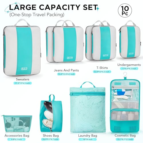OlarHike 10-Pack Compression Packing Cubes for Travel Essentials,Compressible Expandable Packing Cubes for Suitcase,Luggage Garment Bags for Travel,Handy Helper for Organizing Clothes(Blue Green)
