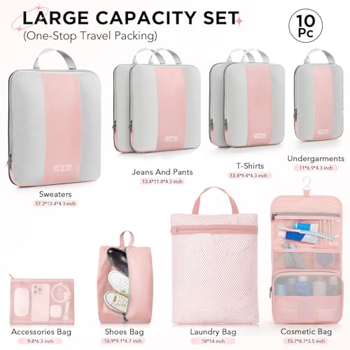 OlarHike 10-Pack Compression Packing Cubes for Travel Essentials,Compressible Expandable Packing Cubes for Suitcase,Luggage Garment Bags for Travel,Handy Helper for Organizing Clothes(Pink)