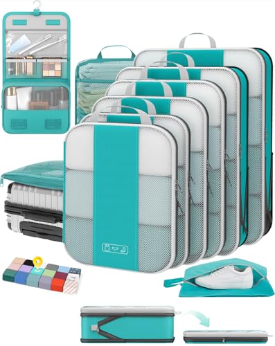 OlarHike 10-Pack Compression Packing Cubes for Travel Essentials,Compressible Expandable Packing Cubes for Suitcase,Luggage Garment Bags for Travel,Handy Helper for Organizing Clothes(Blue Green)