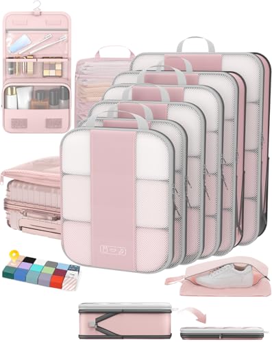OlarHike 10-Pack Compression Packing Cubes for Travel Essentials,Compressible Expandable Packing Cubes for Suitcase,Luggage Garment Bags for Travel,Handy Helper for Organizing Clothes(Pink)