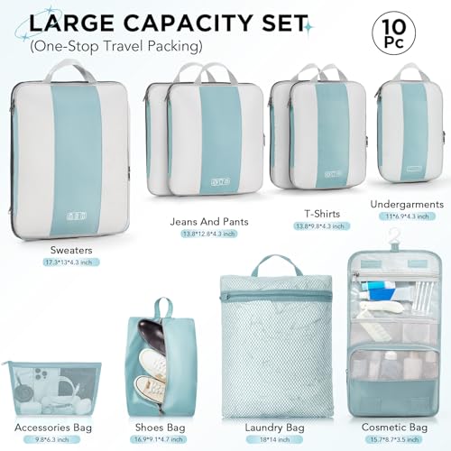 OlarHike 10-Pack Compression Packing Cubes for Travel Essentials,Compressible Expandable Packing Cubes for Suitcase,Luggage Garment Bags for Travel,Handy Helper for Organizing Clothes(Blue Gray)