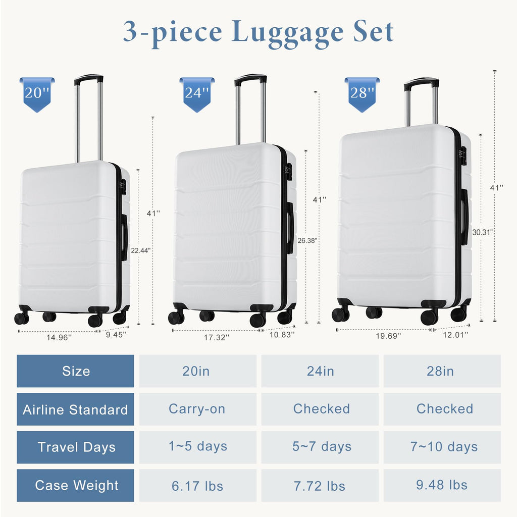 OLIXIS 3 - Piece Suitcase Set, Hardside Luggages with Spinner Wheels, Lightweight ABS Hard Shell Travel Luggage, Expandable Carry - On Suitcase with TSA Approved Lock–White(20+24+28 Inch)