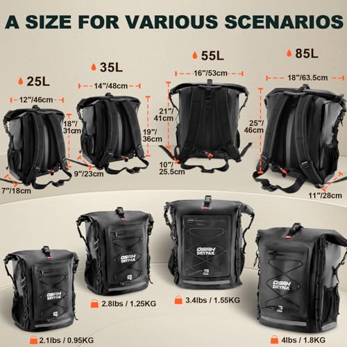 OSAH DRYPAK Waterproof Backpack Dry Bag 35L/55L/85L – Heavy Duty Roll-Top Hiking Backpack for Travel, Kayaking, Boating, Camping, Rafting and Fishing