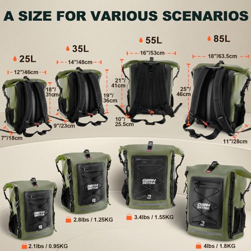 OSAH DRYPAK Waterproof Backpack Dry Bag 35L/55L/85L – Heavy Duty Roll-Top Hiking Backpack for Travel, Kayaking, Boating, Camping, Rafting and Fishing