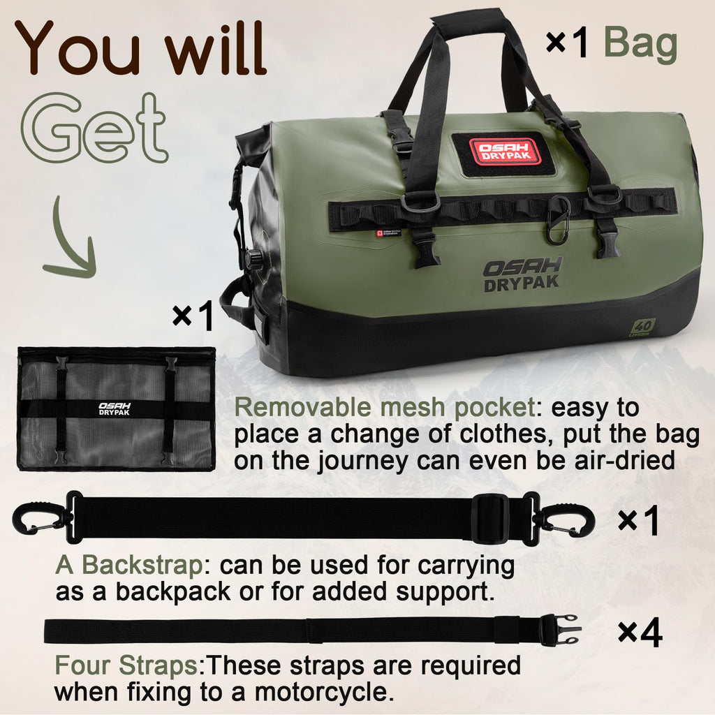 OSAH DRYPAK Waterproof Duffel Bag 25L/40L/60L – Heavy - Duty Motorcycle Tail Bag, Roll - Top Dry Bag for Travel, Camping, Boating, Kayaking, Outdoor Adventure