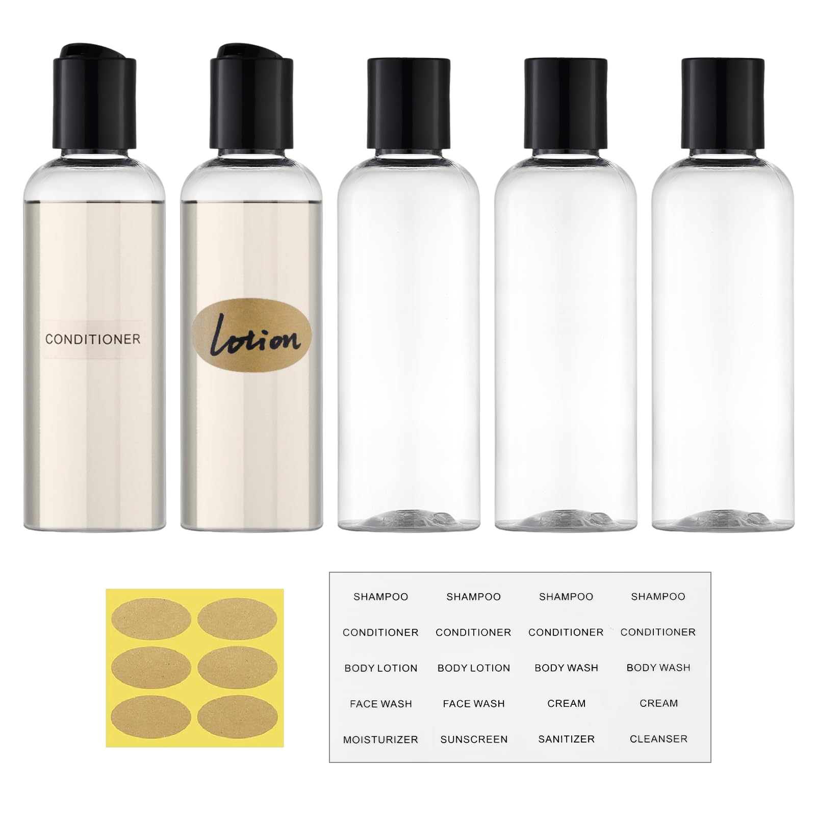 owlyee Travel Bottles for Toiletries 3.4 oz TSA Approved - 5 Pack Leak Proof Travel Size Containers, Clear Squeezable Plastic Bottles with Labels for Shampoo Lotion, Flight Cruise Gym Essentials