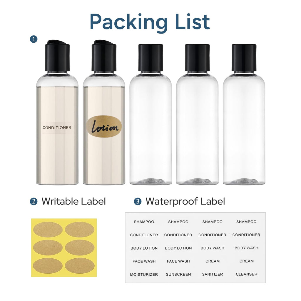 owlyee Travel Bottles for Toiletries 3.4 oz TSA Approved - 5 Pack Leak Proof Travel Size Containers, Clear Squeezable Plastic Bottles with Labels for Shampoo Lotion, Flight Cruise Gym Essentials