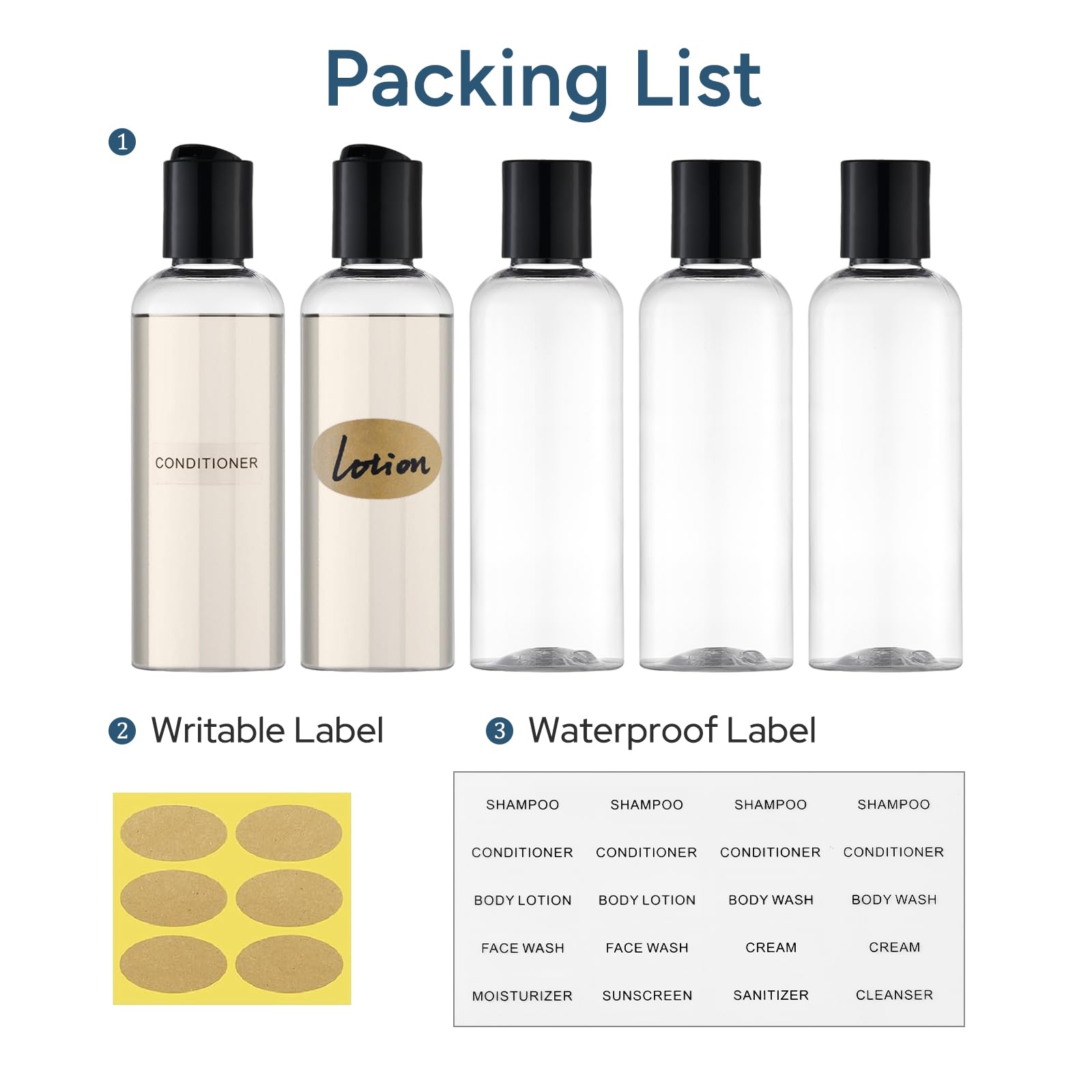 owlyee Travel Bottles for Toiletries 3.4 oz TSA Approved - 5 Pack Leak Proof Travel Size Containers, Clear Squeezable Plastic Bottles with Labels for Shampoo Lotion, Flight Cruise Gym Essentials