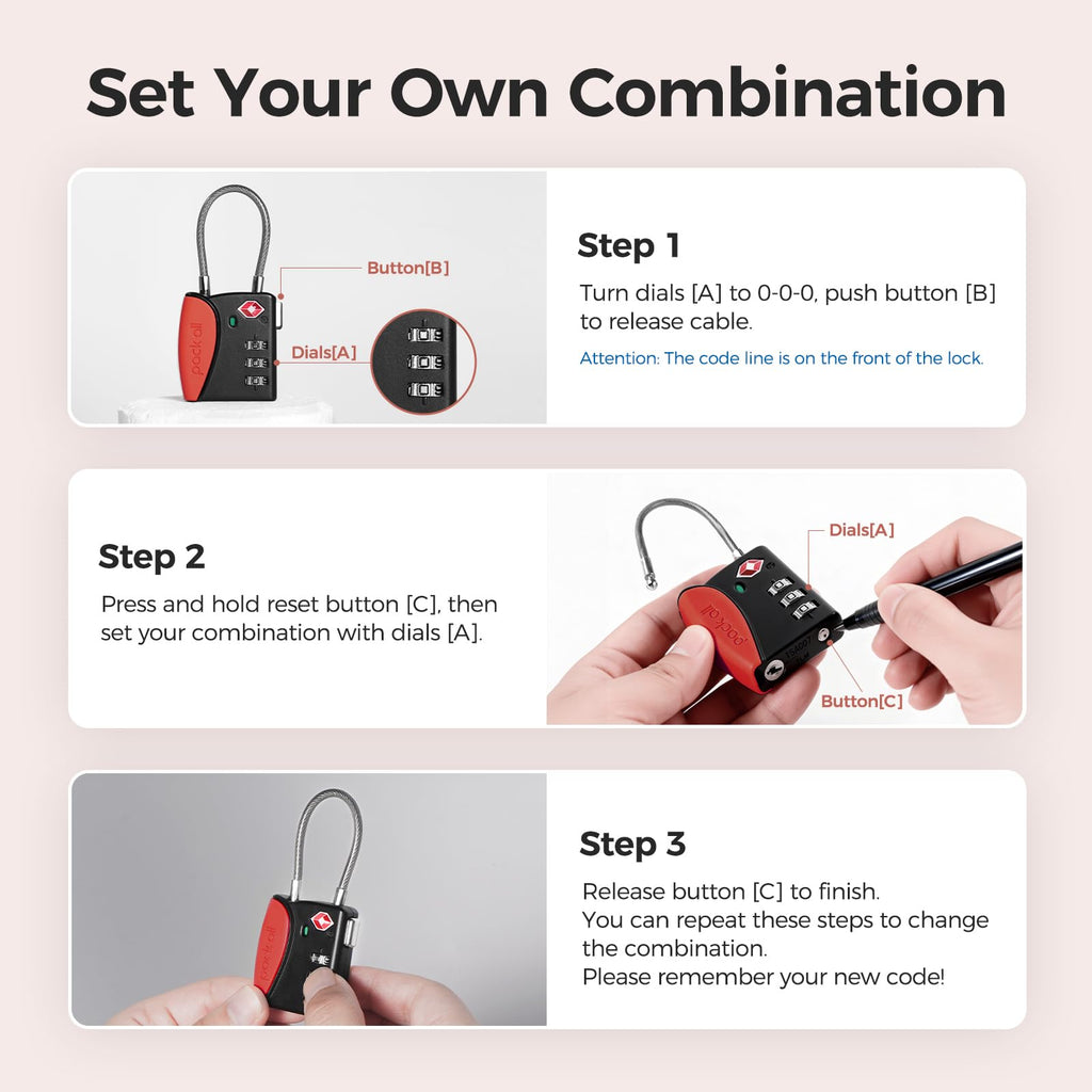 pack all TSA Approved Cable Luggage Locks, 3 Digit Combination Padlocks, Travel Lock for Suitcases & Bag, Alloy Body, Travel Accessories (1 Pack)（Red）
