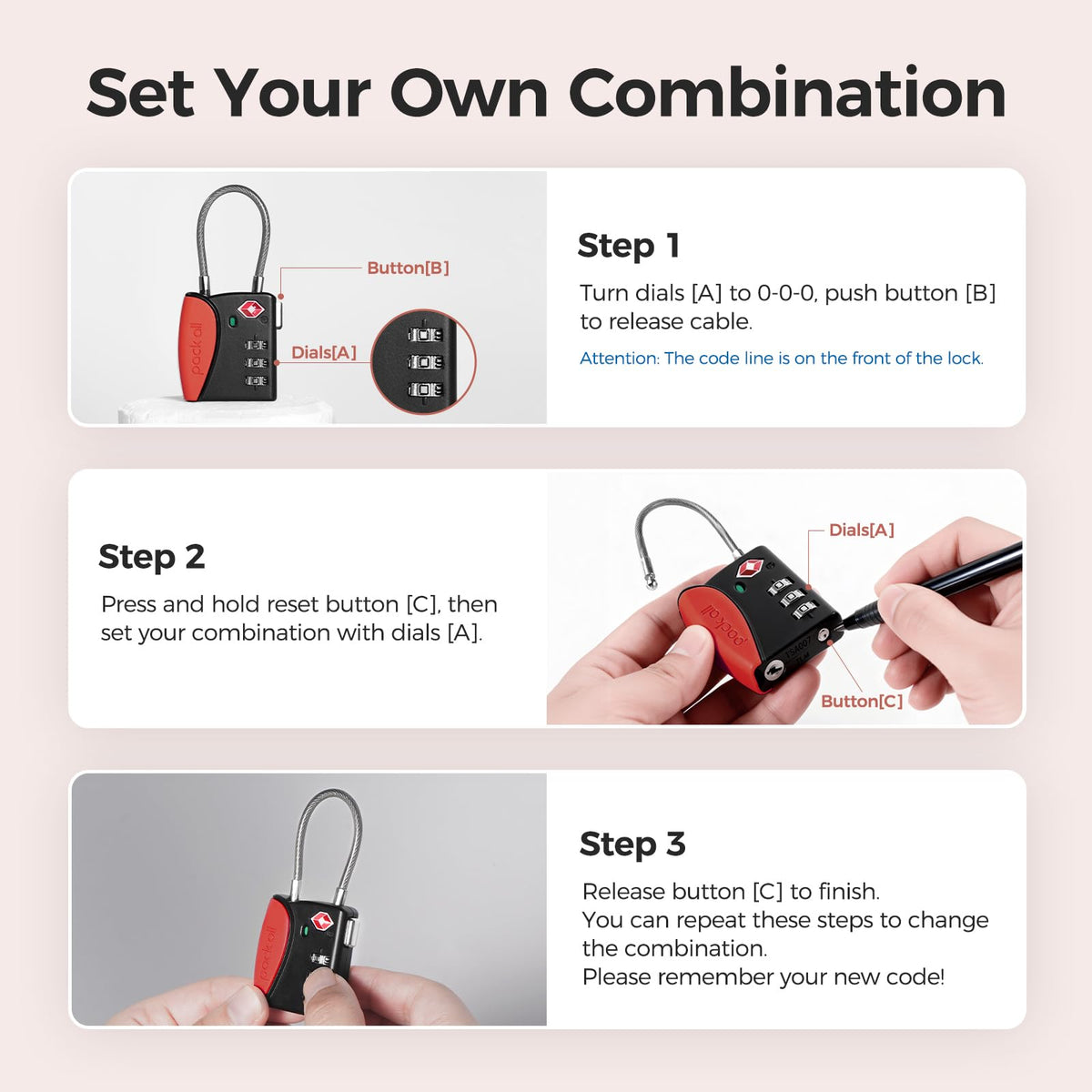 pack all TSA Approved Cable Luggage Locks, 3 Digit Combination Padlocks, Travel Lock for Suitcases & Bag, Alloy Body, Travel Accessories (1 Pack)（Red）