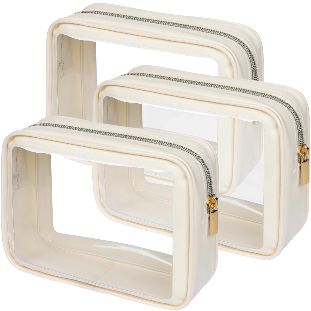 PACKISM Clear Makeup Bag 3 Pack Medium - Foldable TSA Approved Toiletry Bag Quart Size for Travel Bottles, Water Resistant Multipurpose Car Storage Organizer with Reinforced Seams, Beige