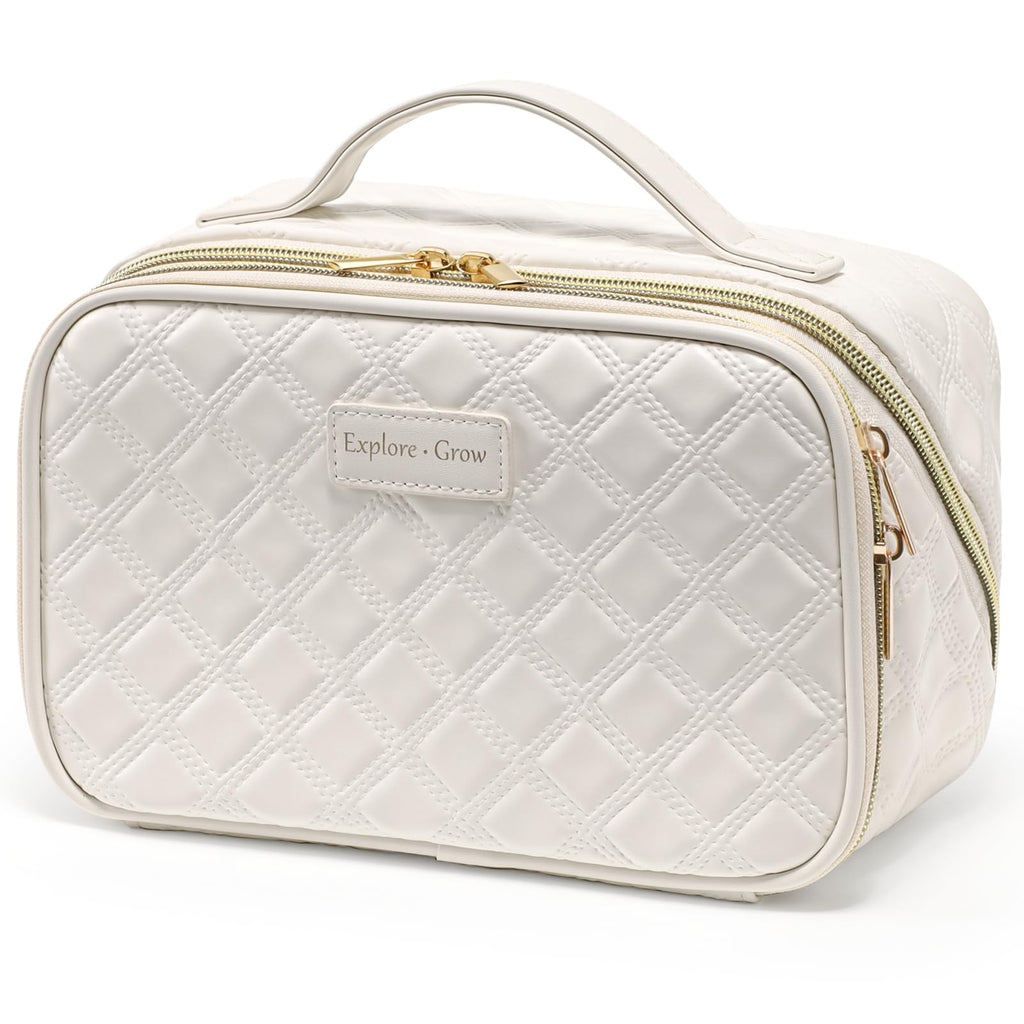 PACKISM Quilted Travel Makeup Bag for Women - PU Leather Open Flat Cosmetic Bags for Women with Dividers, Independent Brush Holder, Waterproof Make Up Organizer for Travel Bathroom, Cream (L)