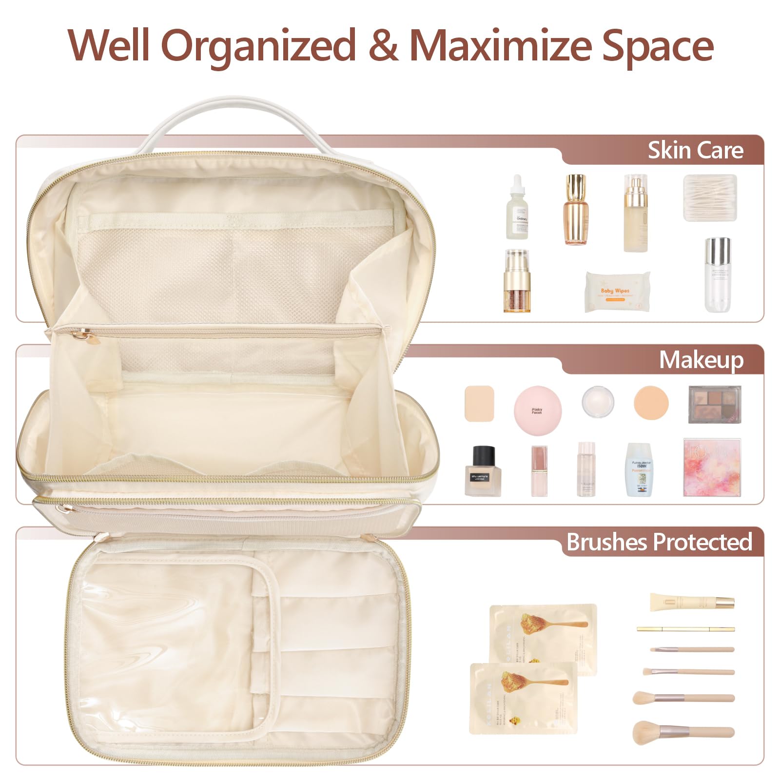 PACKISM Quilted Travel Makeup Bag for Women - PU Leather Open Flat Cosmetic Bags for Women with Dividers, Independent Brush Holder, Waterproof Make Up Organizer for Travel Bathroom, Cream (L)