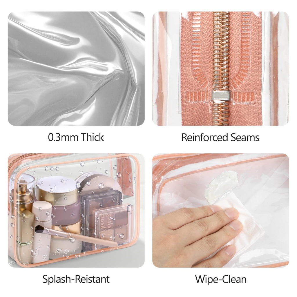PACKISM TSA Approved Toiletry Bag 2 Pack - 1 Medium TSA Quart Carry - On & 1 Large for Checked Luggage, Water - resistant Clear Makeup Bag Clear Travel Bags for Toiletries, Rose Pink