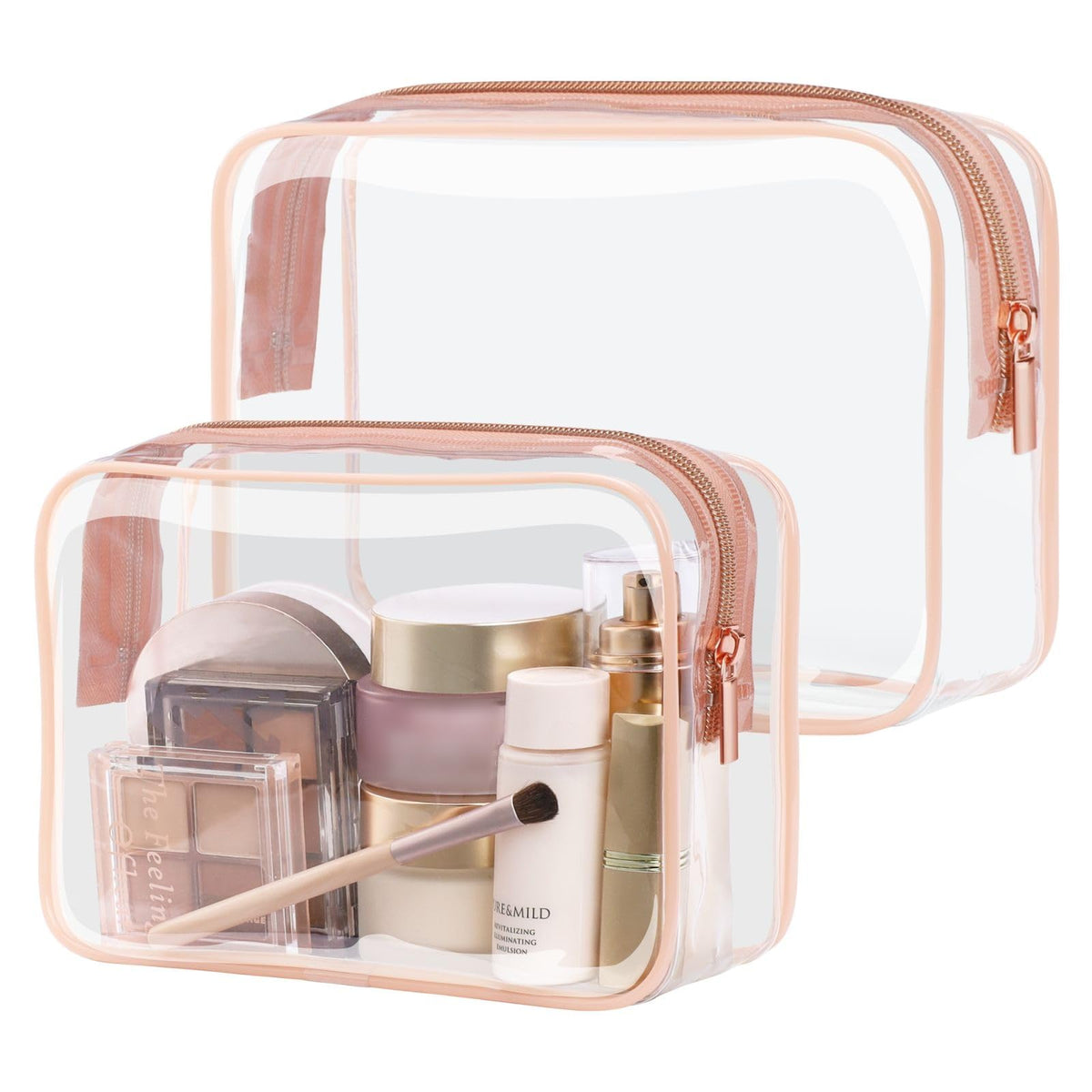 PACKISM TSA Approved Toiletry Bag 2 Pack - 1 Medium TSA Quart Carry-On & 1 Large for Checked Luggage, Water-resistant Clear Makeup Bag Clear Travel Bags for Toiletries, Rose Pink