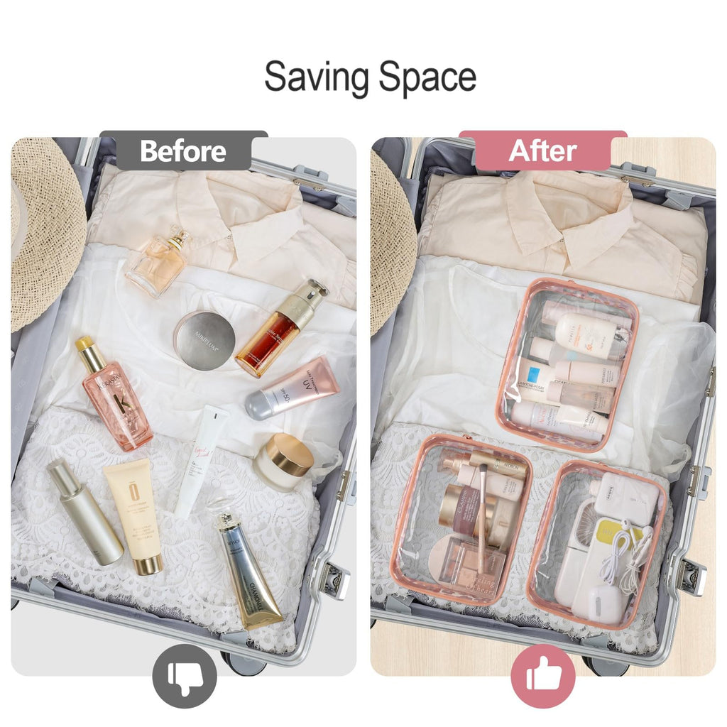 PACKISM TSA Approved Toiletry Bag 2 Pack - 1 Medium TSA Quart Carry - On & 1 Large for Checked Luggage, Water - resistant Clear Makeup Bag Clear Travel Bags for Toiletries, Rose Pink