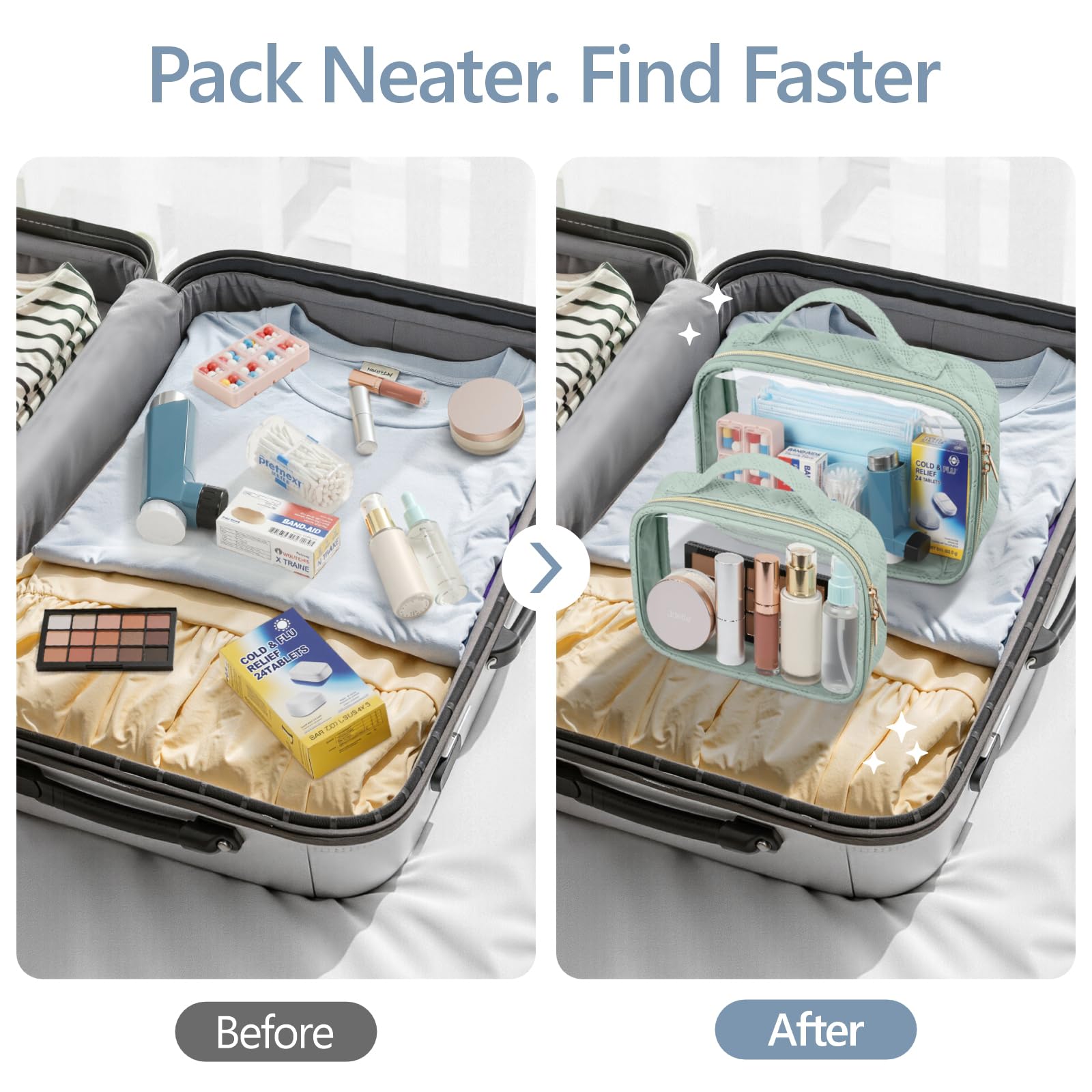 PACKISM TSA Approved Toiletry Bag Combo Pack, 1 Clear Makeup Bag Medium & Large for Checked Luggage, Clear Travel Bag with Handle, Water - resistant Travel Essentials Organizer, Laurel Green