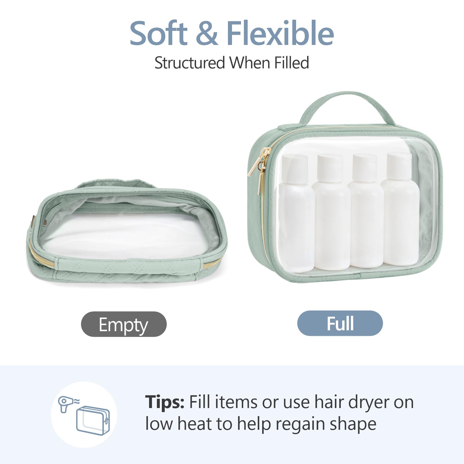 PACKISM TSA Approved Toiletry Bag Combo Pack, 1 Clear Makeup Bag Medium & Large for Checked Luggage, Clear Travel Bag with Handle, Water - resistant Travel Essentials Organizer, Laurel Green