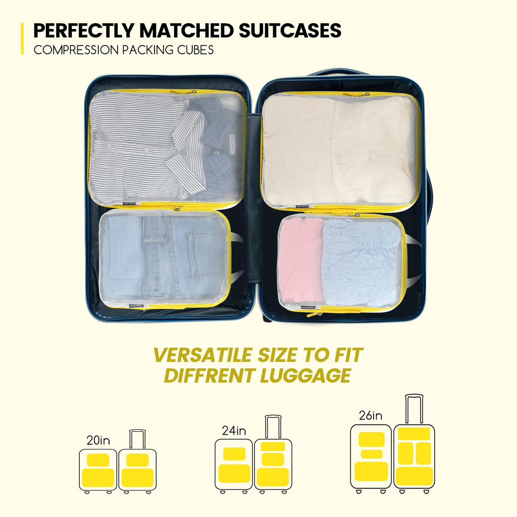 PFEYRPK Premium Compression Packing Cubes with See Through Mesh for Suitcases, Expandable Travel Packing Organizers with Shoe bag, Backpack,Cable Bag 7 Set.