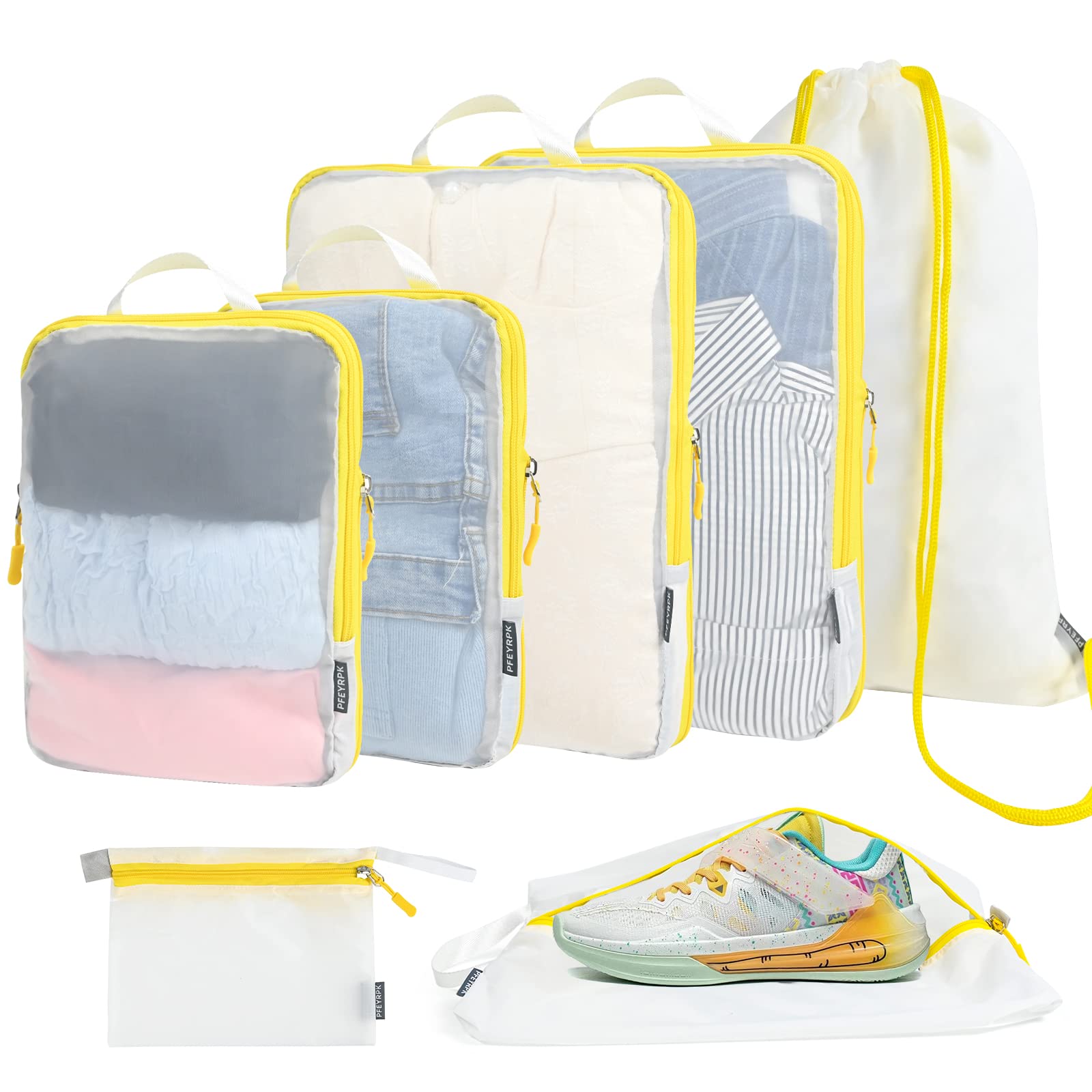 PFEYRPK Premium Compression Packing Cubes with See Through Mesh for Suitcases, Expandable Travel Packing Organizers with Shoe bag, Backpack,Cable Bag 7 Set.