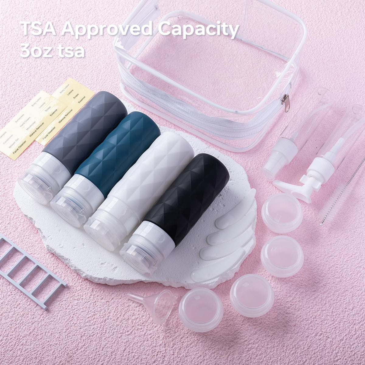 PHOVSUV 20Pack Travel Bottles Set,Leak Proof TSA Approved Travel Size Containers, Travel Essentials for Conditioner, Shampoo, Lotion & Body Wash Accessories (Dark Color) (Dark Color)