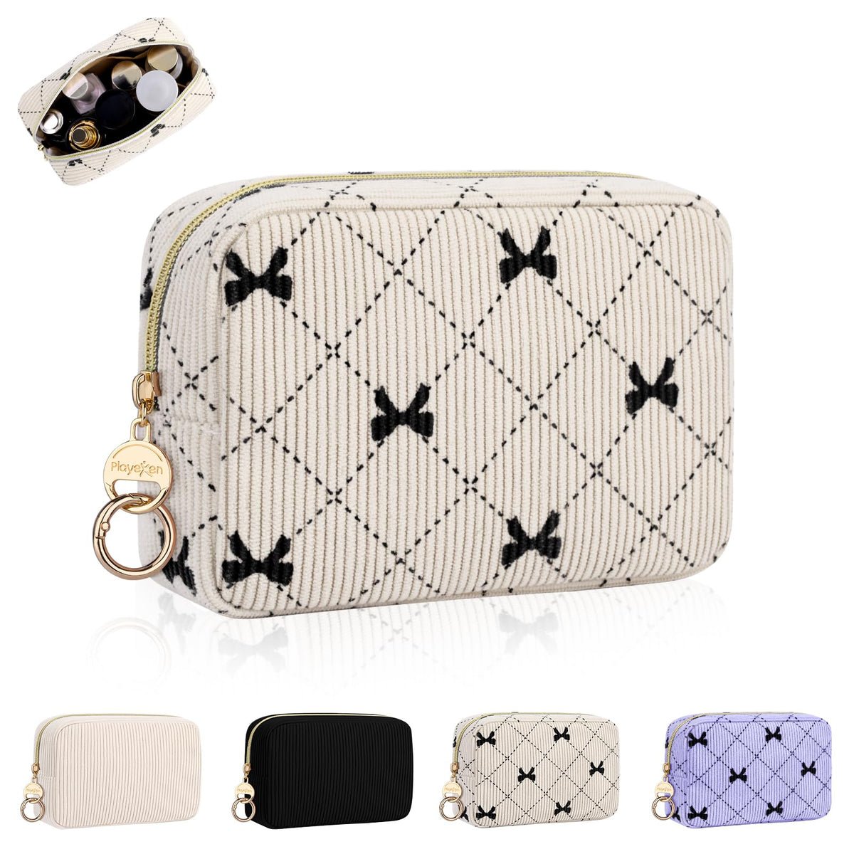 Playexen Small Makeup Bag for Purse, Corduroy Small Cosmetic Bag with Ring Buckle & Inner Pockets, Portable Bow Toiletry Makeup Pouch Purse for Travel Daily Use (Beige)