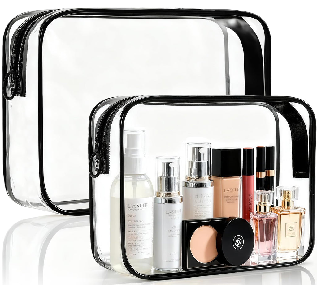 ploimyur Clear Makeup Bag, 2 Pack TSA Approved Toiletry Bag for Travel Size Toiletries, Quart Size Clear Cosmetic Organizer bag for Women Men, Carry on Airport Airline Compliant Bag(Black-2pcs)