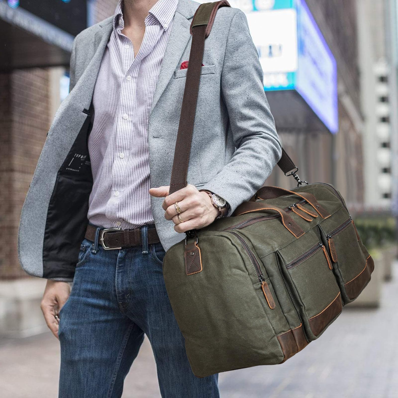 Polare 23” Waxed Canvas Cowhide Leather Waterproof Travel Duffel Bag Trim Luggage Weekender Overnight Carry on Hand Bag
