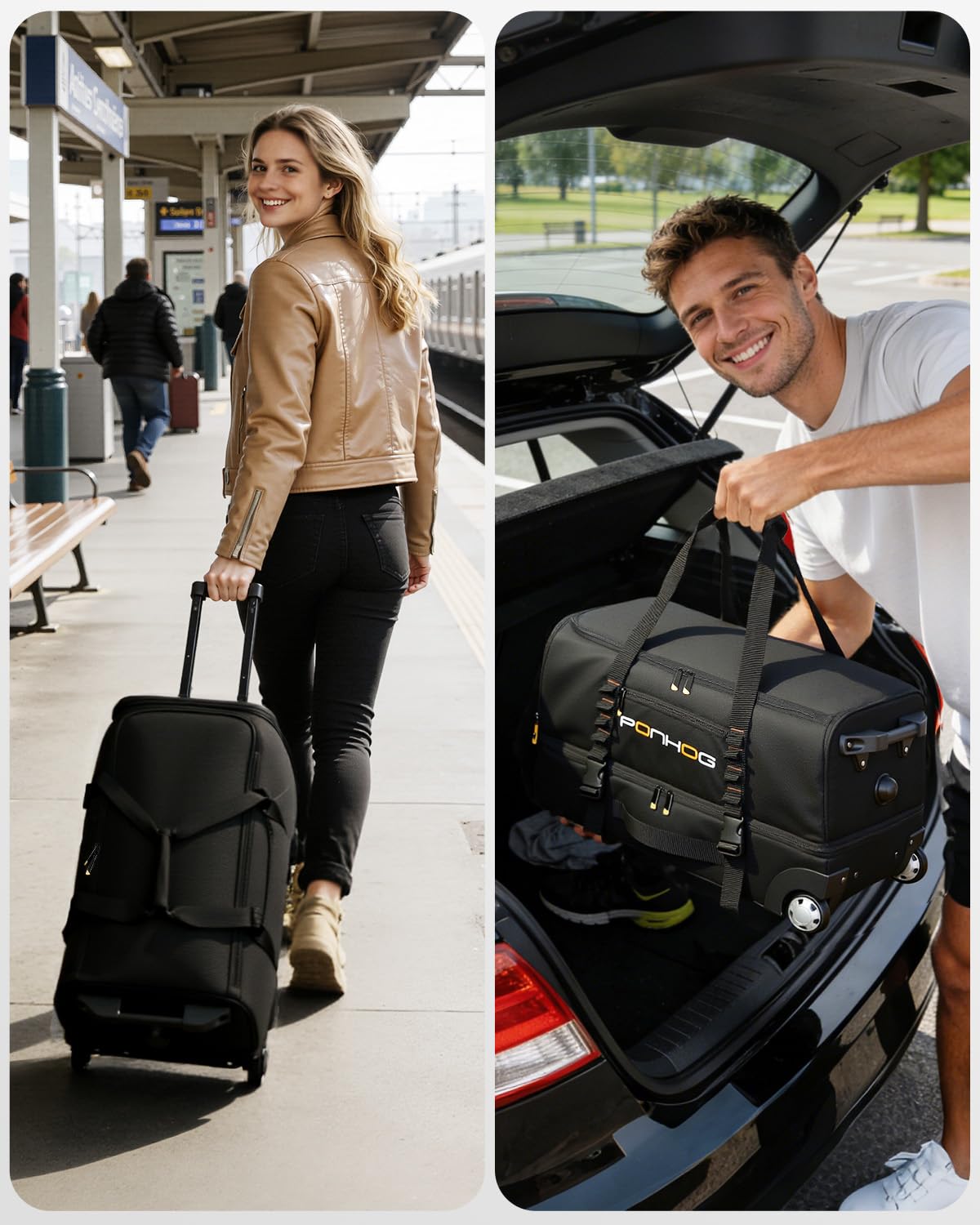 Ponhog 21 Inch Rolling Duffle Bag with Wheels for Men - Water Resistant Wheeled Duffle Bag for Weekend Travel & Overnight Trips