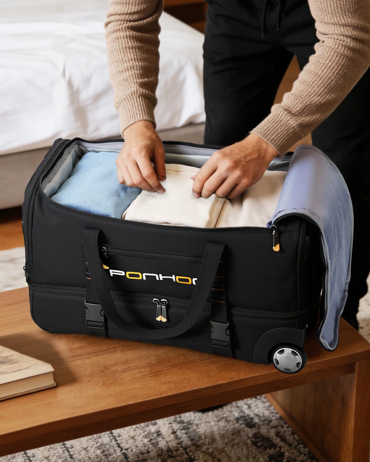 Ponhog 21 Inch Rolling Duffle Bag with Wheels for Men - Water Resistant Wheeled Duffle Bag for Weekend Travel & Overnight Trips