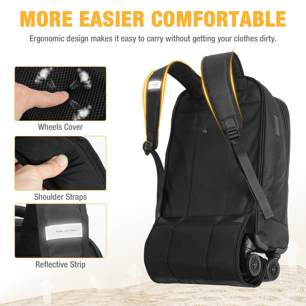 Ponhog Rolling Backpack, 15.6 inch Laptop Backpack with 4 Spinner Wheels, Carry on Travel Backpack Water Resistant Wheeled Backpacks for Women Men Suitable for Overnight College Work, Black
