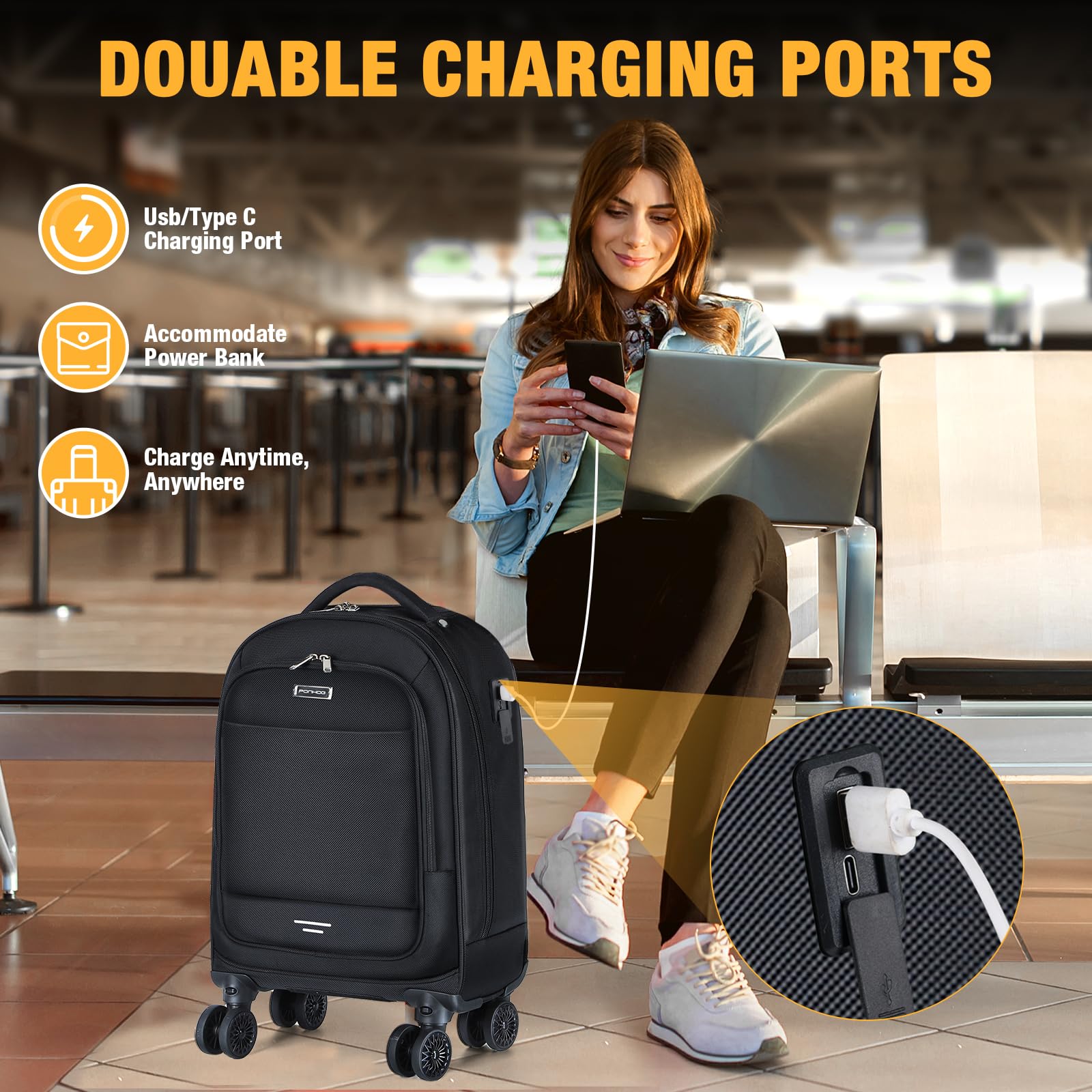 Ponhog Rolling Backpack, 15.6 inch Laptop Backpack with 4 Spinner Wheels, Carry on Travel Backpack Water Resistant Wheeled Backpacks for Women Men Suitable for Overnight College Work, Black