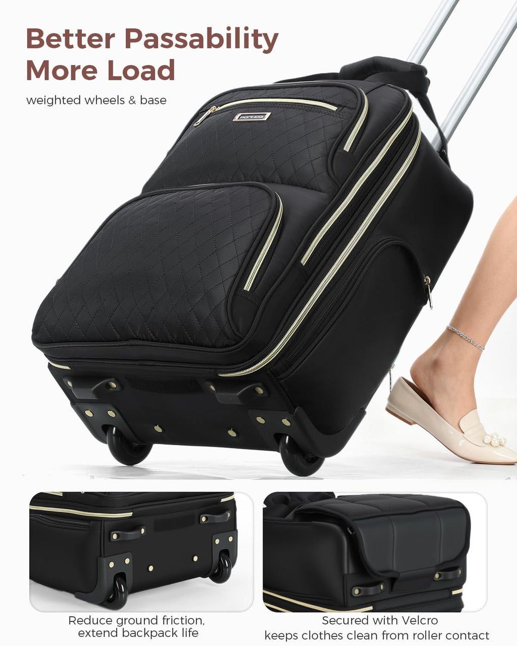 Ponhog Rolling Backpack for Women, 15.6 Inch Travel Laptop Wheeled Backpack, 30L Roller Carry On Backpack or Adults Business College Work Overnight, Stylish Personal Item, Black