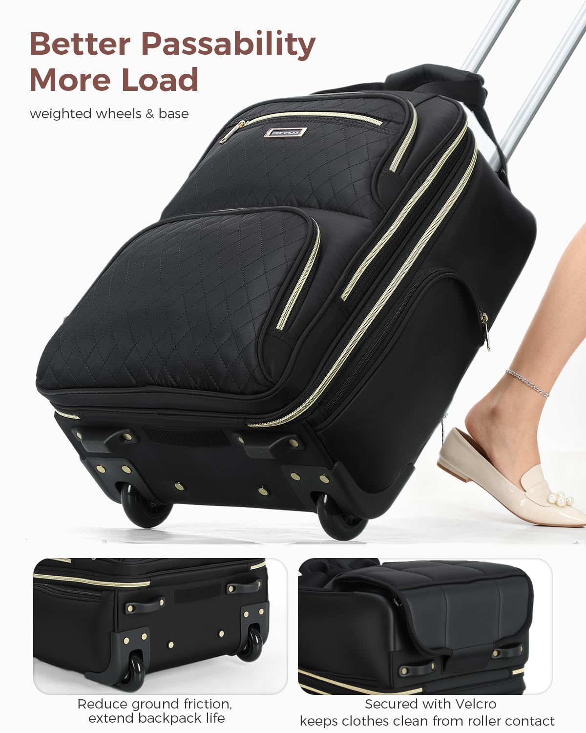 Ponhog Rolling Backpack for Women, 15.6 Inch Travel Laptop Wheeled Backpack, 30L Roller Carry On Backpack or Adults Business College Work Overnight, Stylish Personal Item, Black
