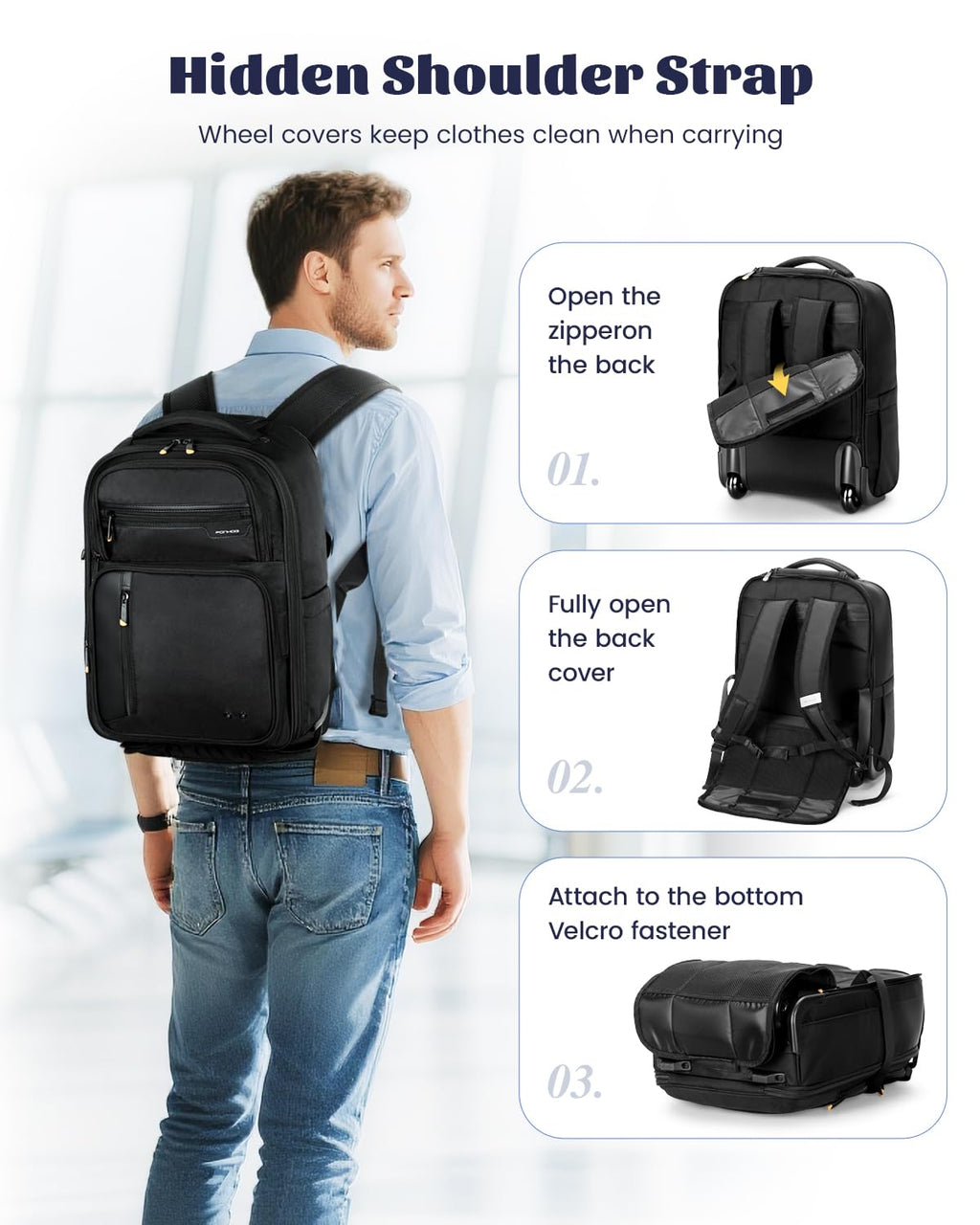 Ponhog Rolling Backpack with Wheels, Airline Approved Travel Backpack for Men Women, Carry On Laptop Bag Fits 15.6 Inch Laptop, Black