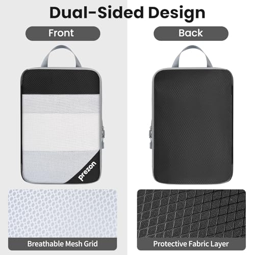 Prezon Compression Packing Cubes for Travel, Lightweight Vacation Travel Essentials, Travel Accessories for Suitcase Organizer Bags Set, Durable Luggage Organizer, 6 set, Half Mesh, Black