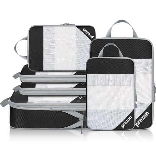 Prezon Compression Packing Cubes for Travel, Lightweight Vacation Travel Essentials, Travel Accessories for Suitcase Organizer Bags Set, Durable Luggage Organizer, 6 set, Half Mesh, Black