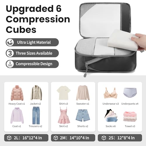 Prezon Compression Packing Cubes for Travel, Lightweight Vacation Travel Essentials, Travel Accessories for Suitcase Organizer Bags Set, Durable Luggage Organizer, 6 set, Half Mesh, Black